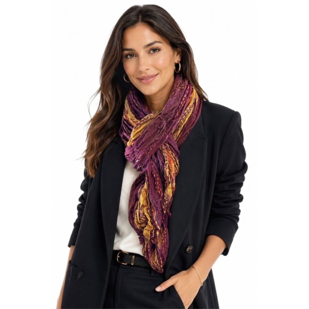 New York & Co Purple Gold Striped Crinkle Scarf Metallic Fringe Trim Chic  70-39